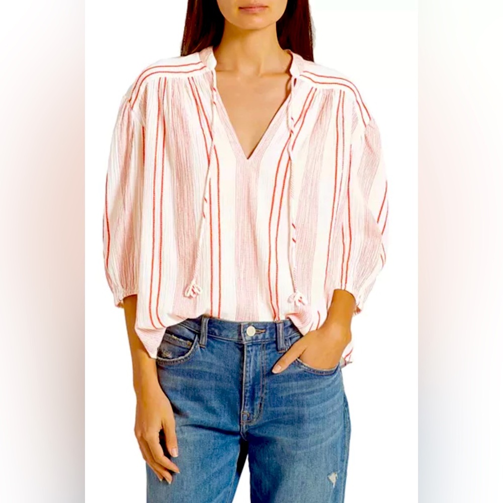 JOIE Rowyn Womens White Tie Gathered Striped 3/4 Sleeve V Neck Peasant top S